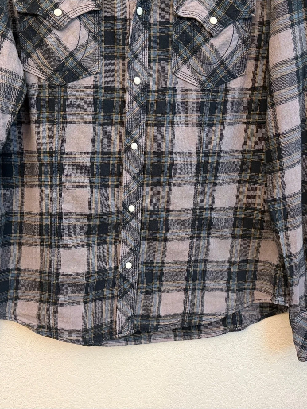 True Religion Gray and Blue Plaid Western Shirt Sz XL